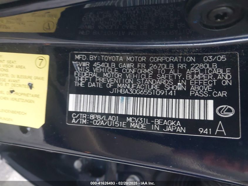 2005 Lexus Es 330 VIN: JTHBA30G655109141 Lot: 41626493