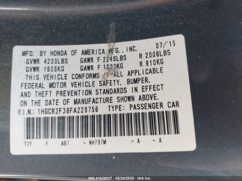 2015 HONDA ACCORD VIN: 1HGCR2F38FA229756