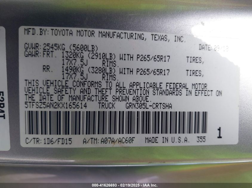 2019 Toyota Tacoma Trd Sport VIN: 5TFSZ5AN2KX165614 Lot: 41626693