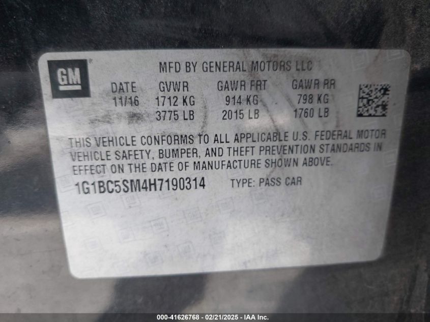 2017 Chevrolet Cruze Ls Auto VIN: 1G1BC5SM4H7190314 Lot: 41626768