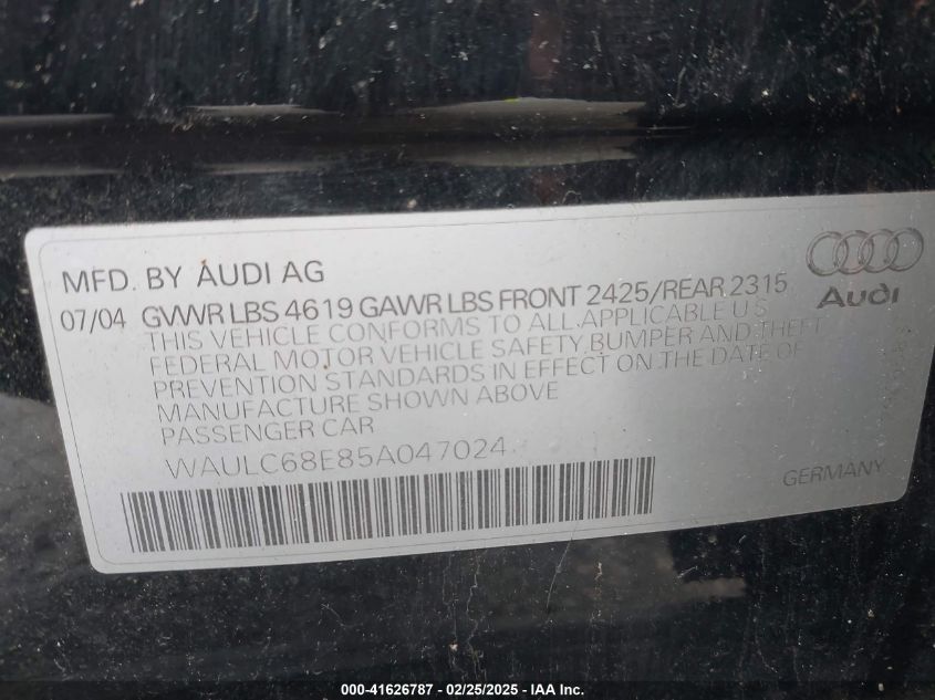 2005 Audi A4 1.8T VIN: WAULC68E85A047024 Lot: 41626787