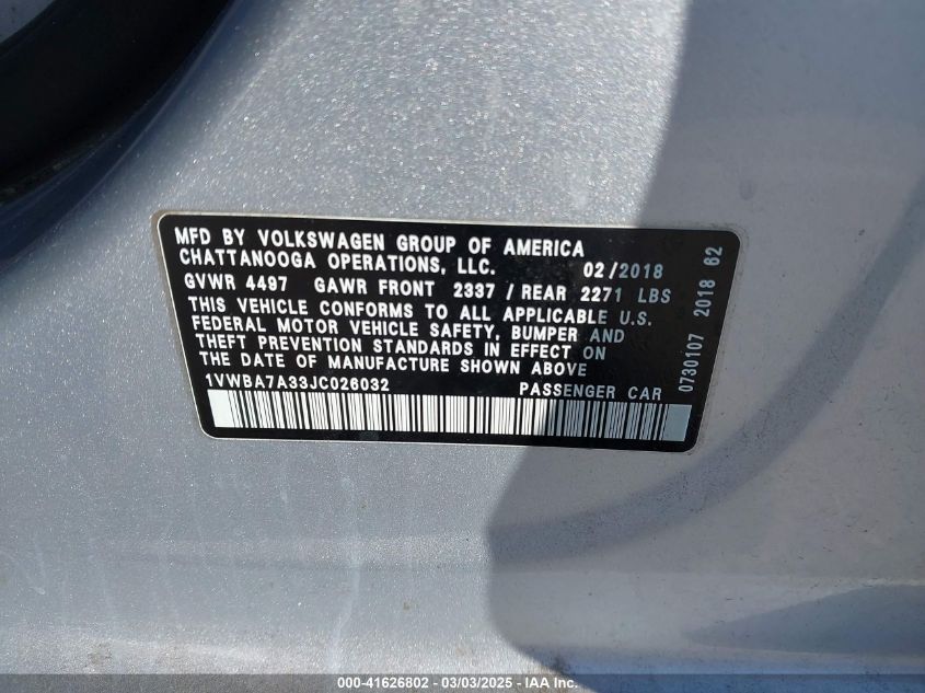 2018 Volkswagen Passat 2.0T Se VIN: 1VWBA7A33JC026032 Lot: 41626802