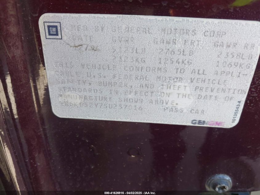 1995 Cadillac De Ville VIN: 1C6KF52Y7SU257016 Lot: 41626916