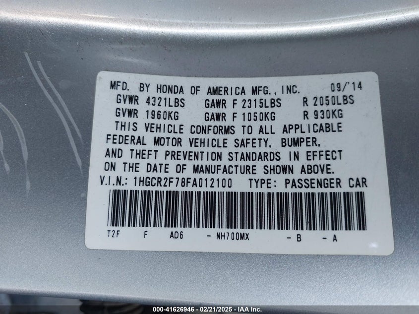 2015 HONDA ACCORD VIN: 1HGCR2F78FA012100