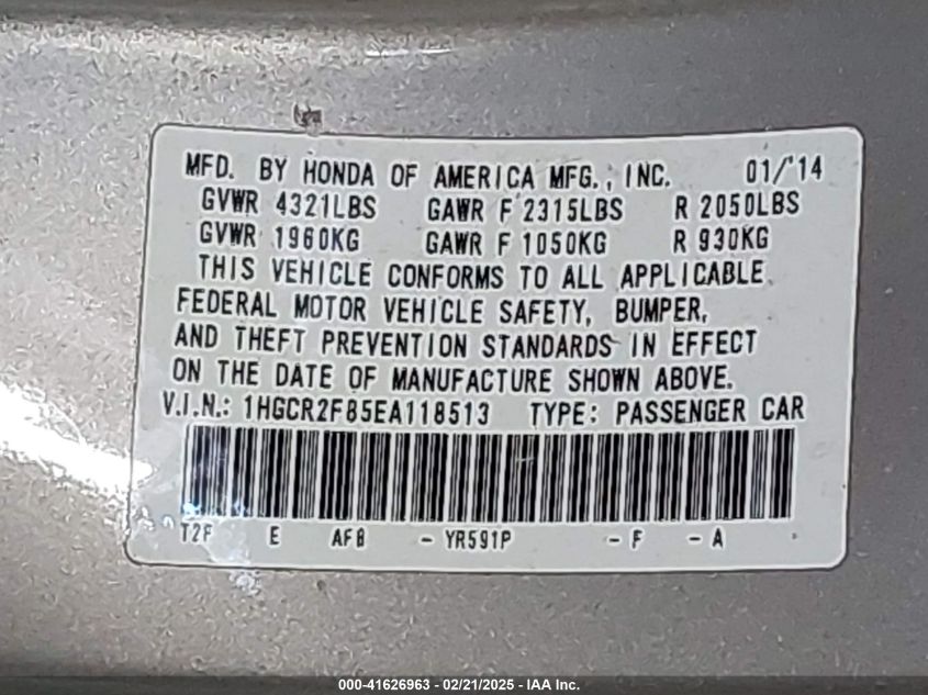 2014 Honda Accord Ex-L VIN: 1HGCR2F85EA118513 Lot: 41626963