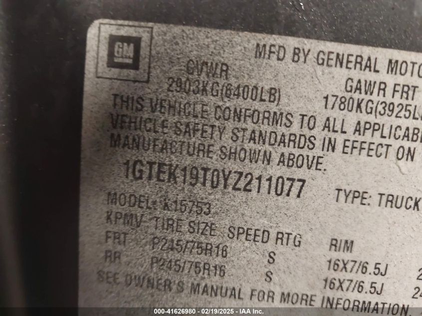 2000 GMC Sierra 1500 Sle VIN: 1GTEK19T0YZ211077 Lot: 41626980