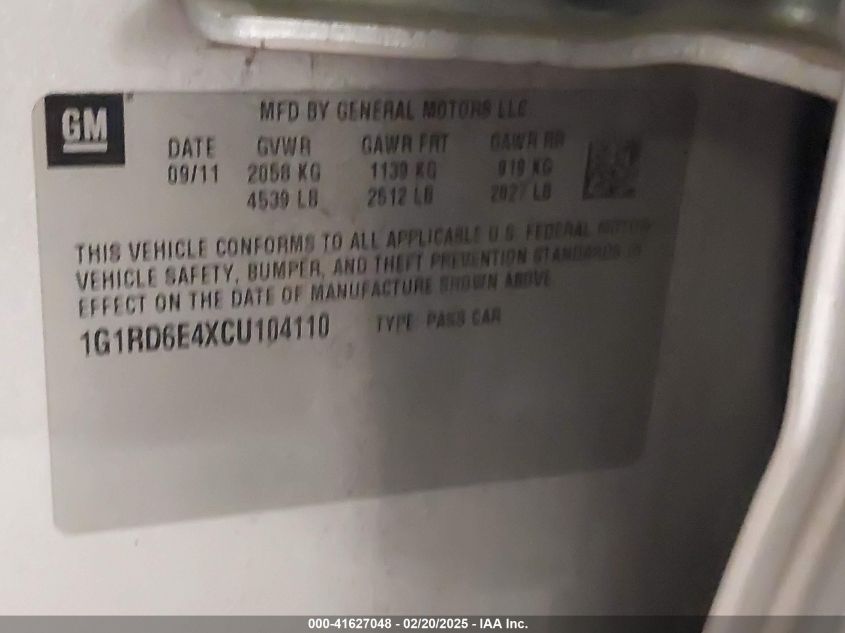 2012 Chevrolet Volt VIN: 1G1RD6E4XCU104110 Lot: 41627048