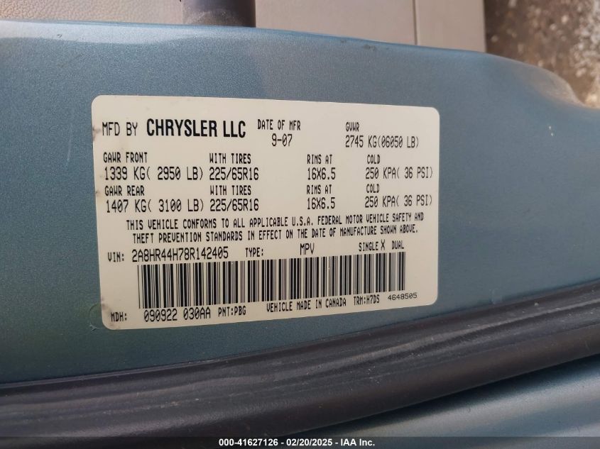 2008 Chrysler Town & Country Lx VIN: 2A8HR44H78R142405 Lot: 41627126