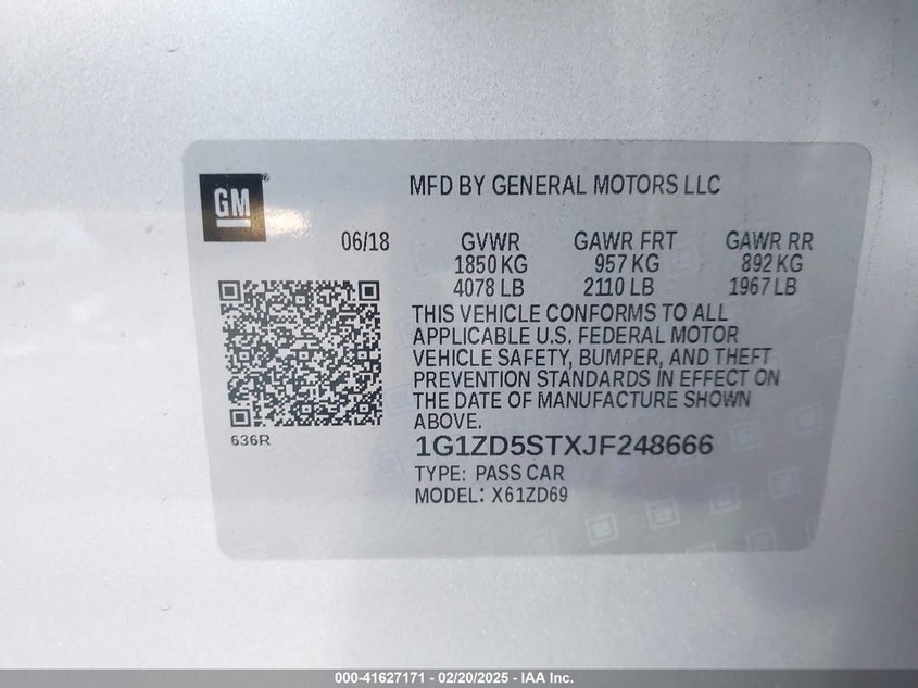 2018 CHEVROLET MALIBU VIN: 1G1ZD5STXJF248666