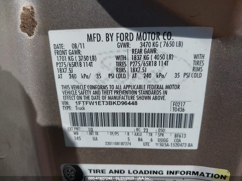 2011 FORD F-150 VIN: 1FTFW1ET3BKD96448