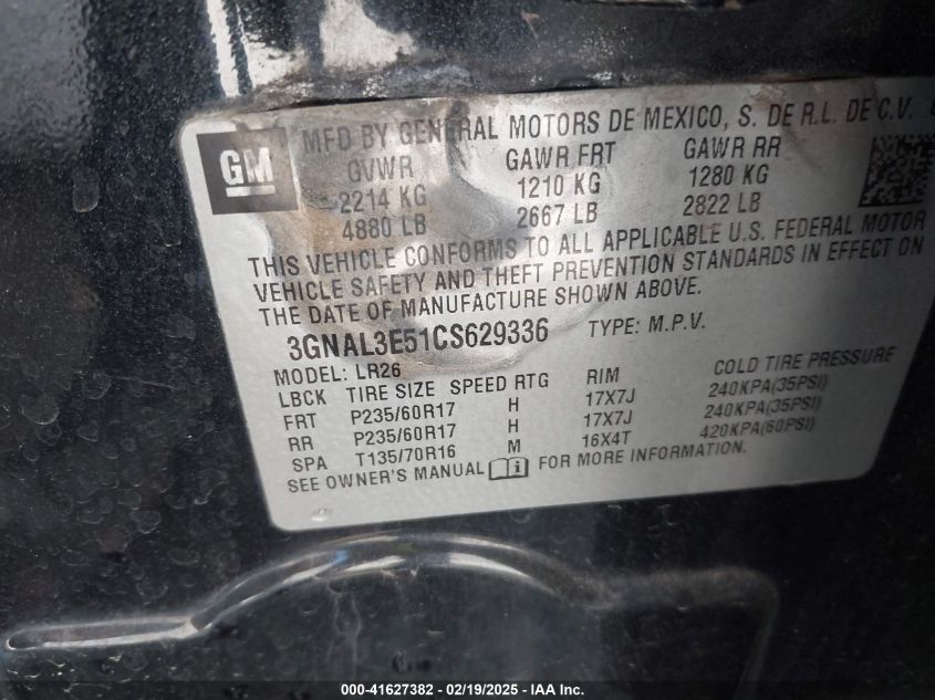 2012 Chevrolet Captiva Sport Lt VIN: 3GNAL3E51CS629336 Lot: 41627382