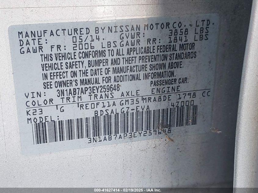 2014 Nissan Sentra Sl VIN: 3N1AB7AP3EY259648 Lot: 41627414