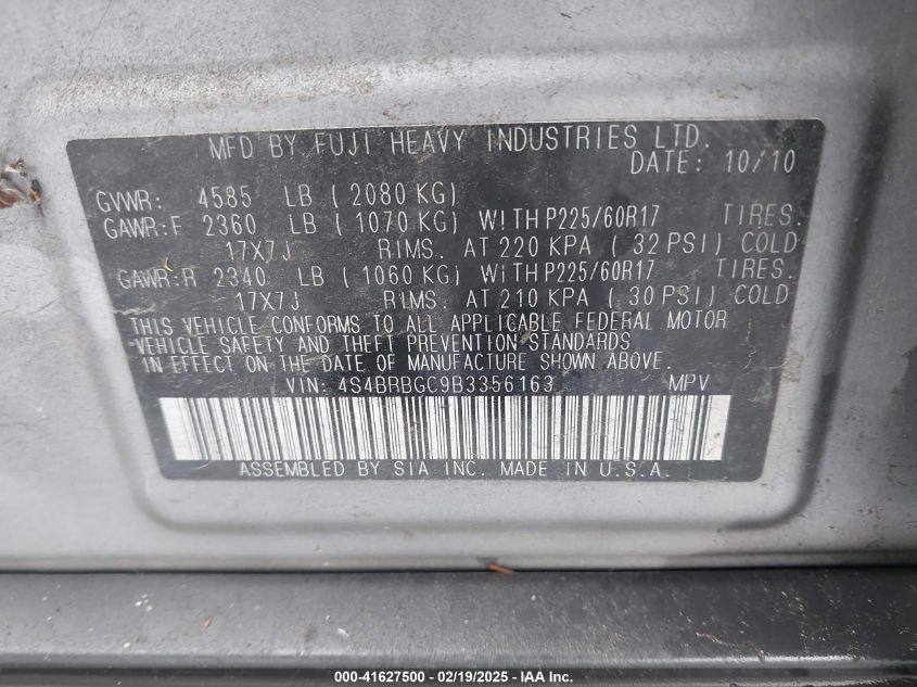 2011 Subaru Outback 2.5I Premium VIN: 4S4BRBGC9B3356163 Lot: 41627500