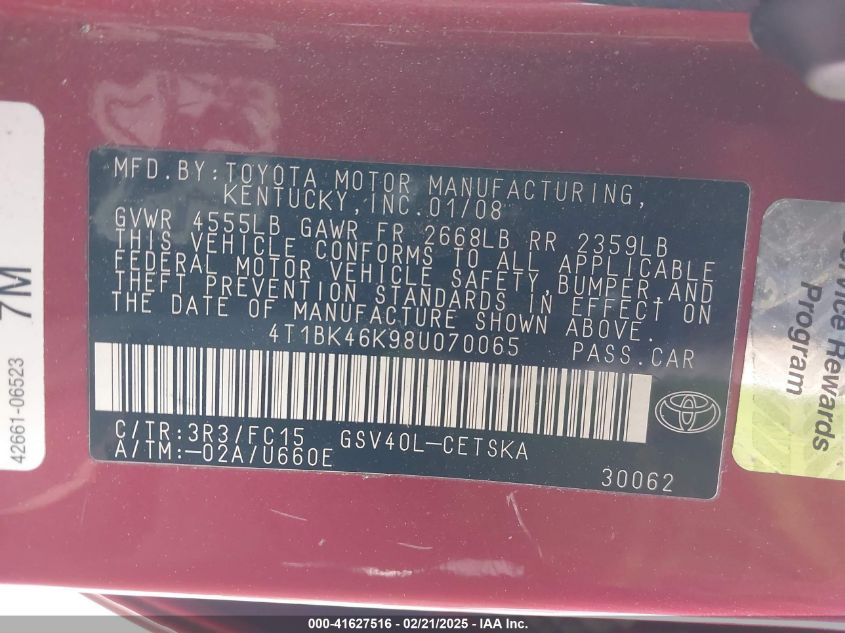 2008 Toyota Camry Se V6 VIN: 4T1BK46K98U070065 Lot: 41627516