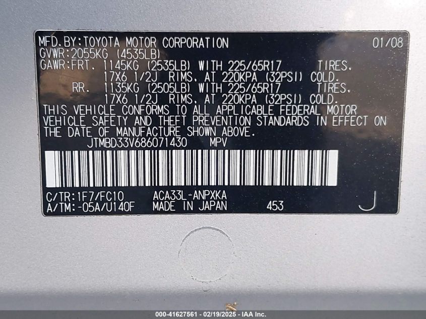 2008 Toyota Rav4 VIN: JTMBD33V686071430 Lot: 41627561