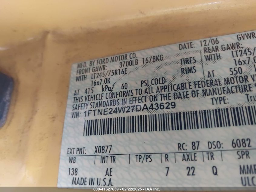 2007 Ford E-250 Commercial/Recreational VIN: 1FTNE24W27DA43629 Lot: 43455665