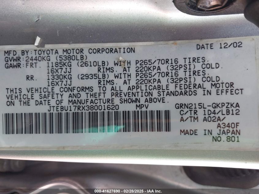 2003 Toyota 4Runner Limited V6 VIN: JTEBU17RX38001620 Lot: 41627690