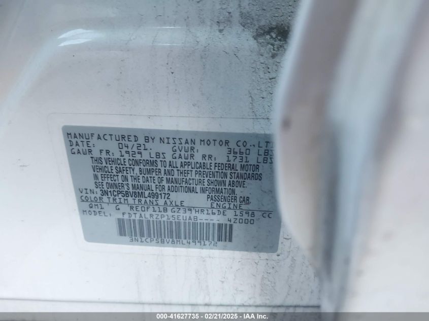 2021 Nissan Kicks S Xtronic Cvt VIN: 3N1CP5BV8ML499172 Lot: 41627735