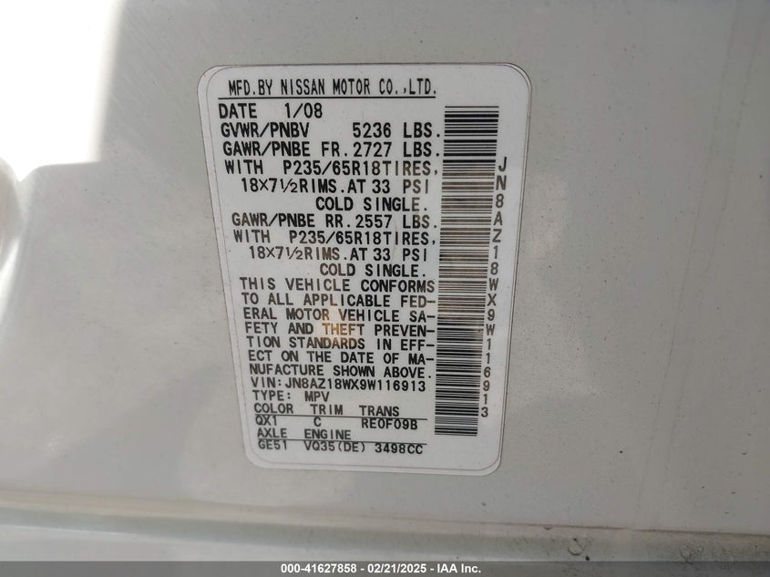2009 Nissan Murano Sl VIN: JN8AZ18WX9W116913 Lot: 41627858