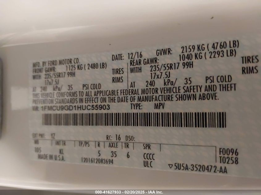 2017 Ford Escape Se VIN: 1FMCU9GD1HUC55903 Lot: 41627933