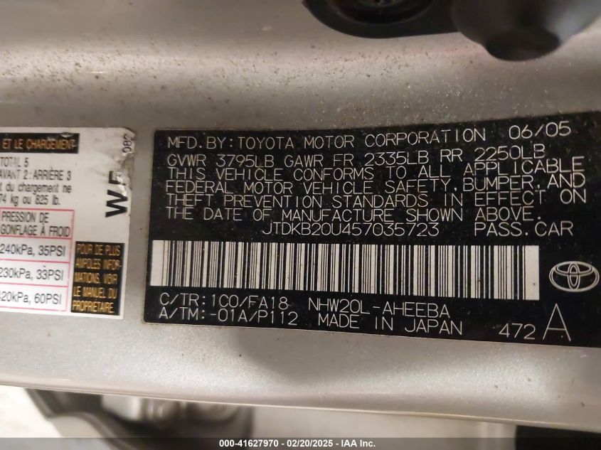 2005 Toyota Prius VIN: JTDKB20U457035723 Lot: 41627970