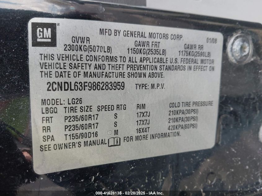 2008 Chevrolet Equinox Lt VIN: 2CNDL63F986283959 Lot: 41628135