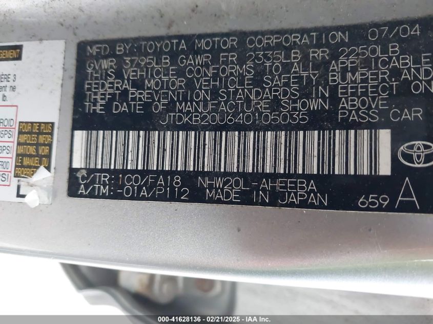 2004 Toyota Prius VIN: JTDKB20U640105035 Lot: 41628136