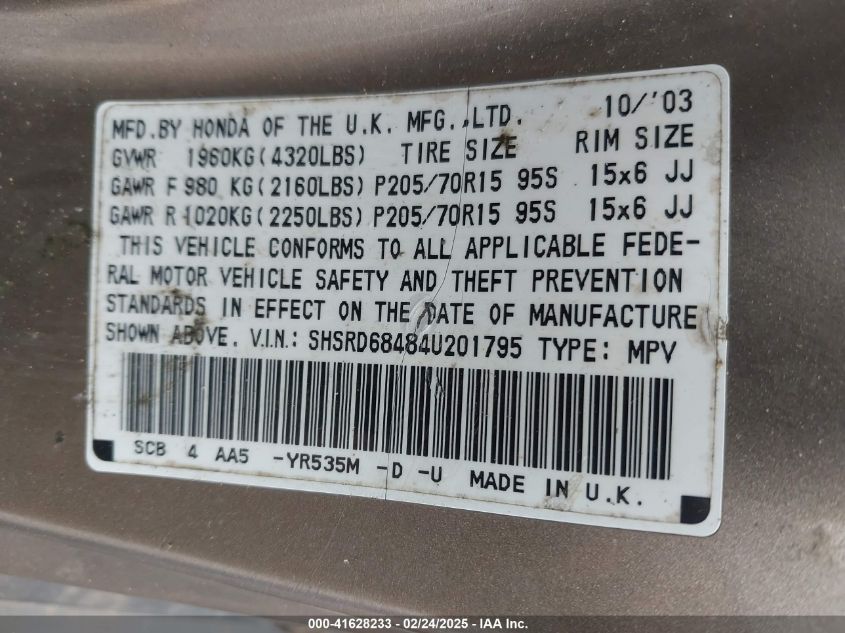 2004 Honda Cr-V Lx VIN: SHSRD68484U201795 Lot: 41628233