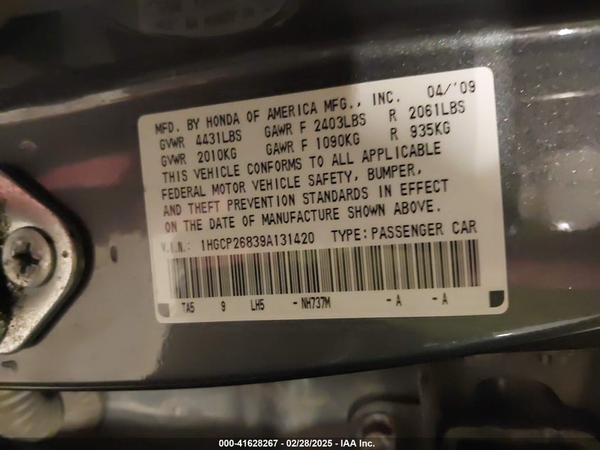 2009 HONDA ACCORD VIN: 1HGCP26839A131420
