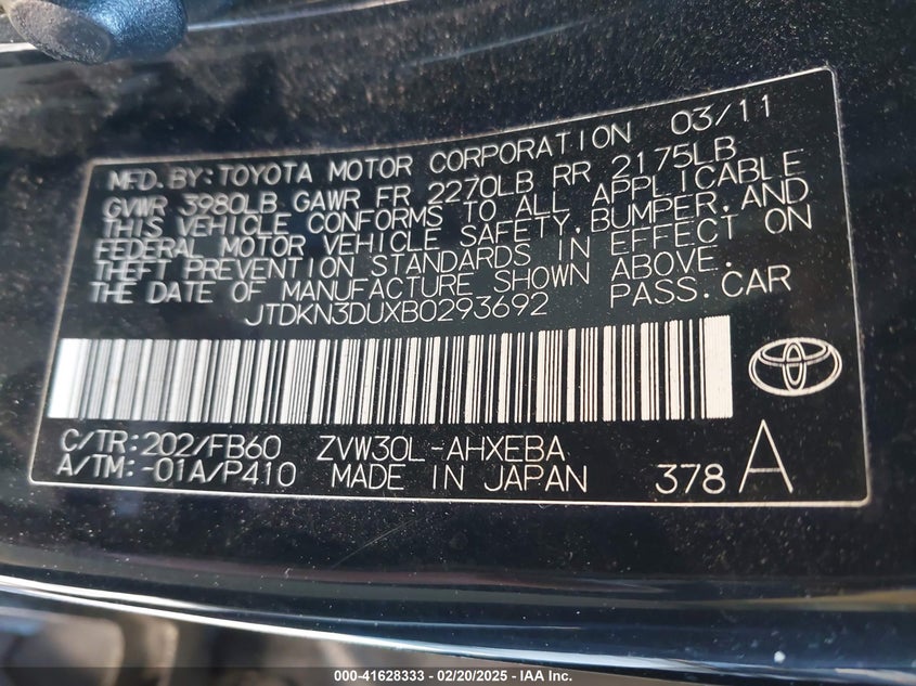2011 TOYOTA PRIUS VIN: JTDKN3DUXB0293692