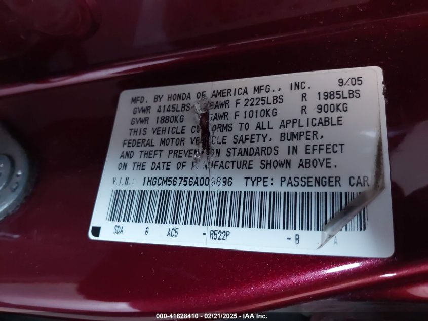 2006 Honda Accord 2.4 Ex VIN: 1HGCM56756A009896 Lot: 41628410