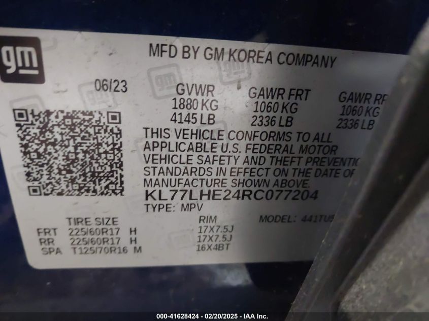 2024 Chevrolet Trax Fwd Lt VIN: KL77LHE24RC077204 Lot: 41628424