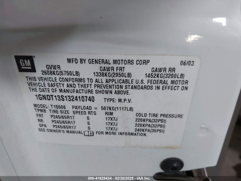 2003 Chevrolet Trailblazer Lt VIN: 1GNDT13S132410740 Lot: 41628434