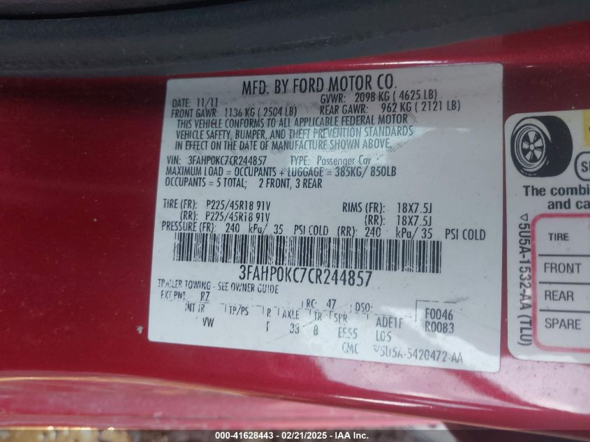 2012 Ford Fusion Sport VIN: 3FAHP0KC7CR244857 Lot: 41628443