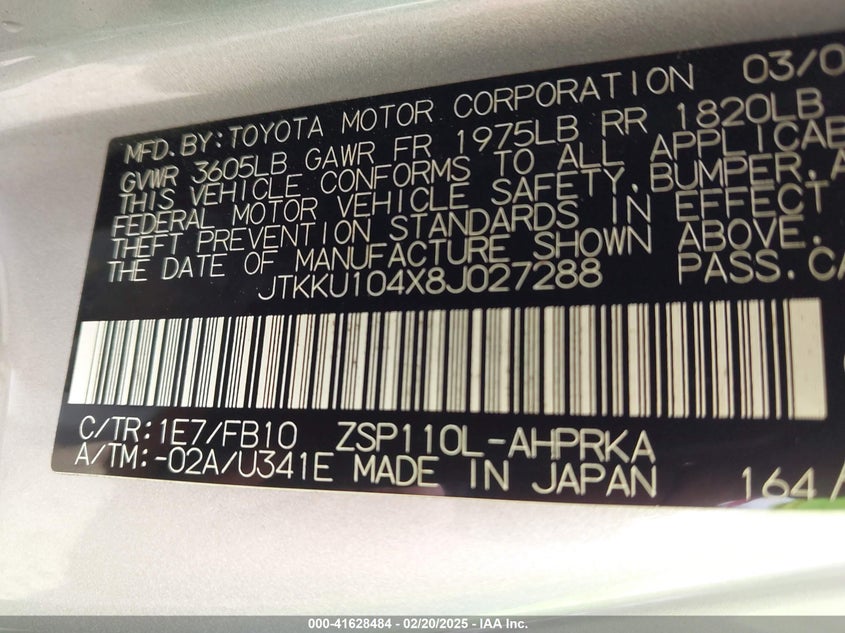 2008 TOYOTA SCION XD VIN: JTKKU104X8J027288
