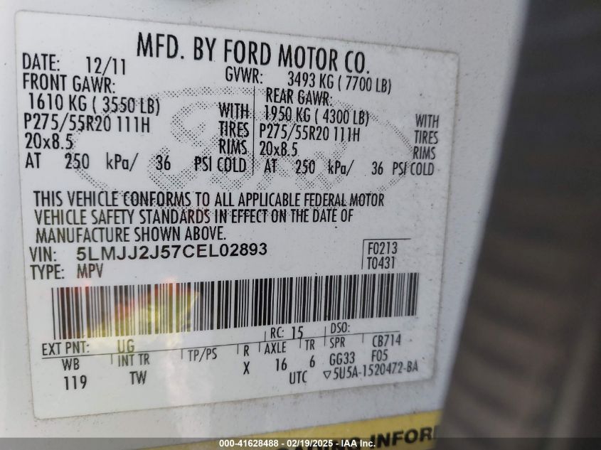 2012 Lincoln Navigator VIN: 5LMJJ2J57CEL02893 Lot: 41628488