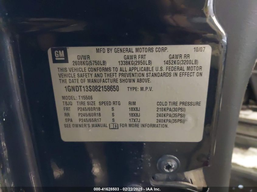 2008 Chevrolet Trailblazer Lt VIN: 1GNDT13S082158650 Lot: 41628503
