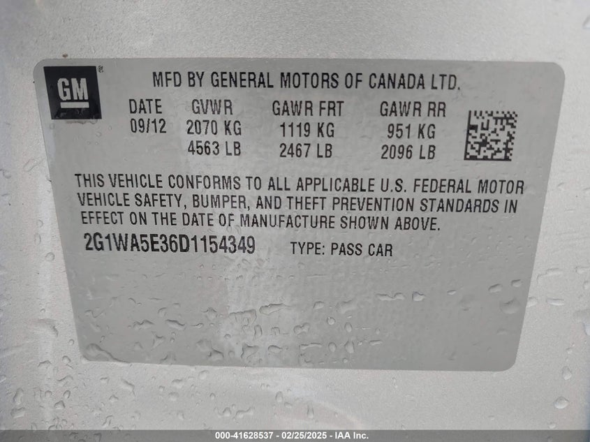 2013 CHEVROLET IMPALA VIN: 2G1WA5E36D1154349