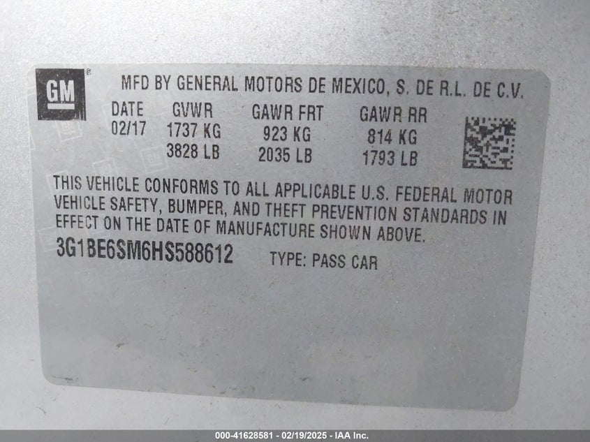 2017 CHEVROLET CRUZE VIN: 3G1BE6SM6HS588612
