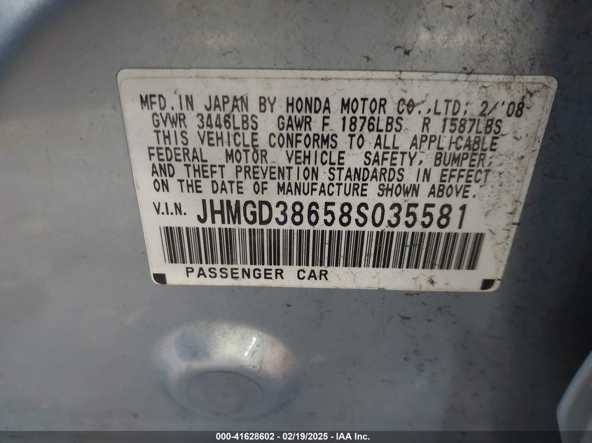 2008 HONDA FIT VIN: JHMGD38658S035581