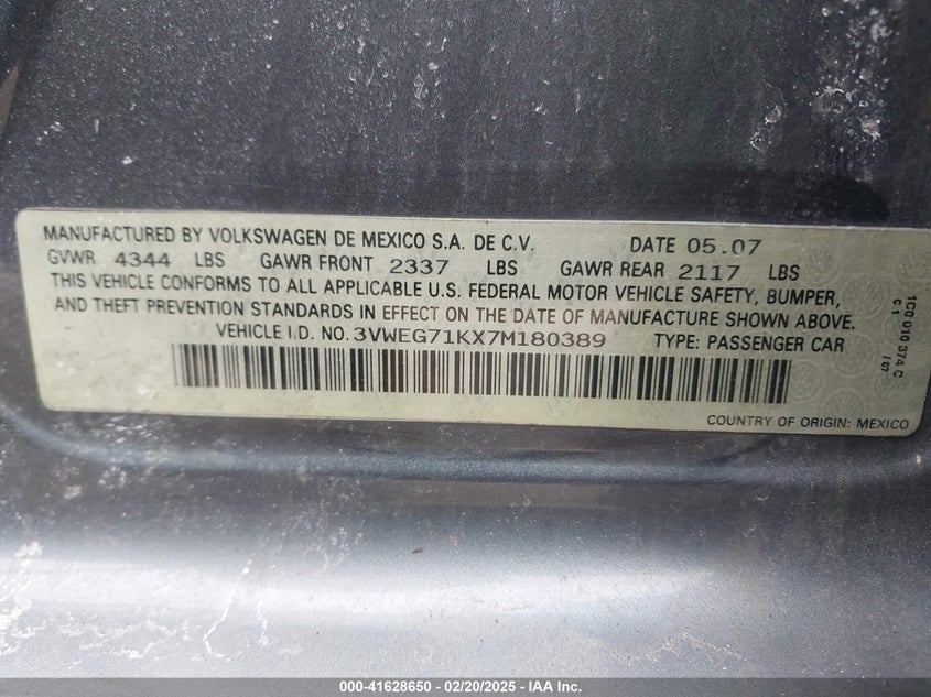 2007 VOLKSWAGEN JETTA VIN: 3VWEG71KX7M180389