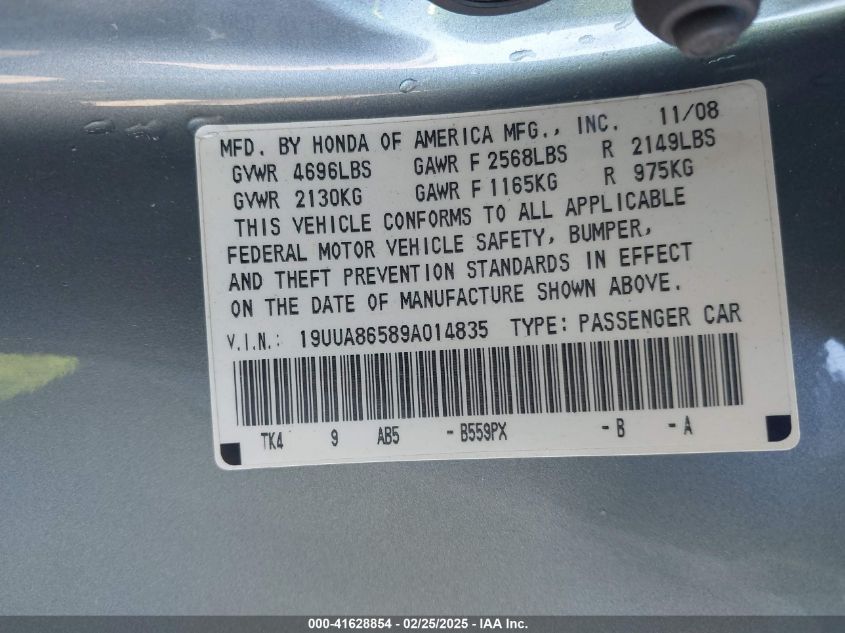 2009 Acura Tl 3.5 VIN: 19UUA86589A014835 Lot: 41628854