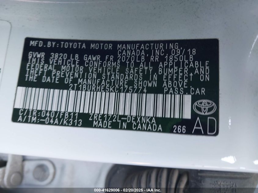 2019 Toyota Corolla Le VIN: 2T1BURHE5KC175774 Lot: 41629006