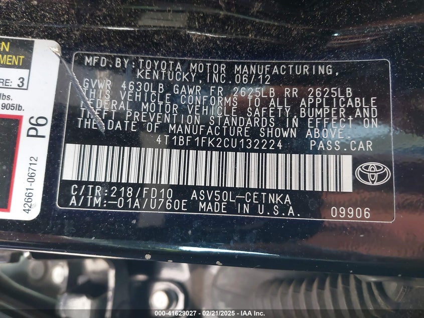2012 TOYOTA CAMRY VIN: 4T1BF1FK2CU132224