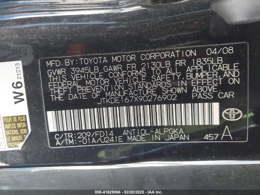 2009 Scion Tc VIN: JTKDE167X90276902 Lot: 41629066