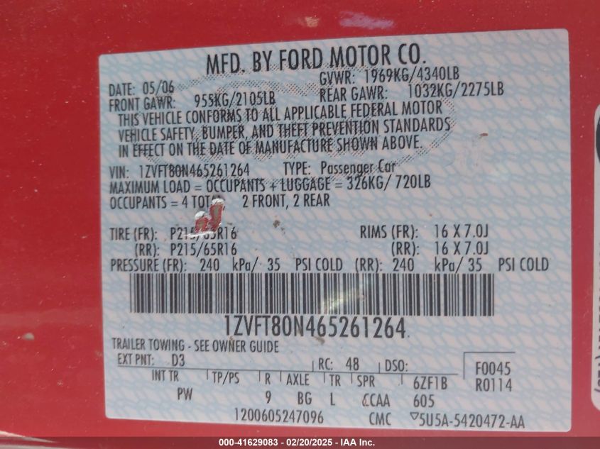 2006 Ford Mustang V6 VIN: 1ZVFT80N46526126 Lot: 41629083