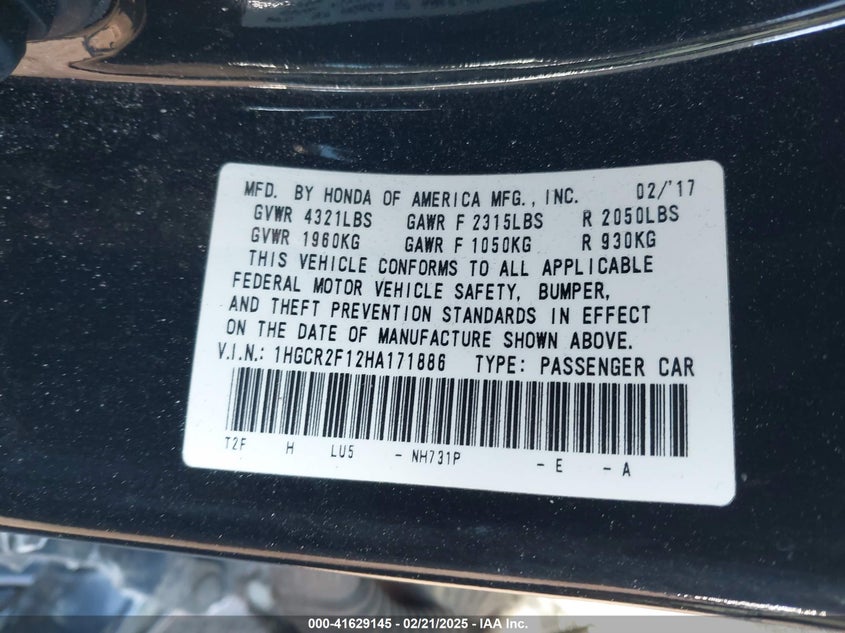 2017 HONDA ACCORD VIN: 1HGCR2F12HA171886