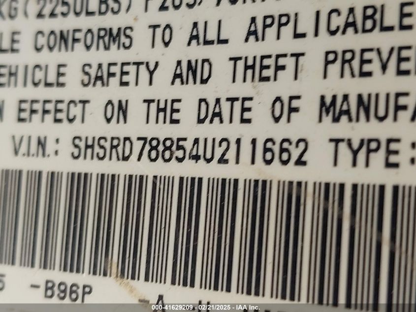 2004 Honda Cr-V Ex VIN: SHSRD78854U21166 Lot: 41629209