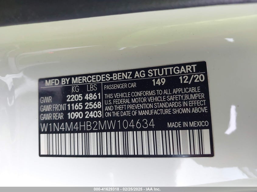 2021 MERCEDES-BENZ GLB VIN: W1N4M4HB2MW104634