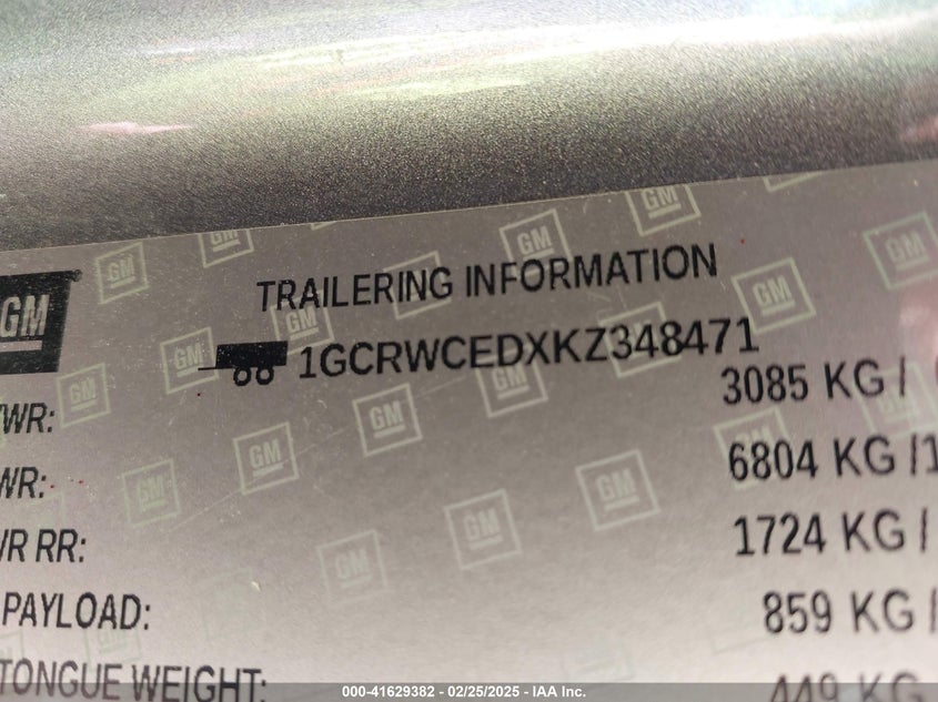 2019 CHEVROLET SILVERADO 1500 VIN: 1GCRWCEDXKZ348471